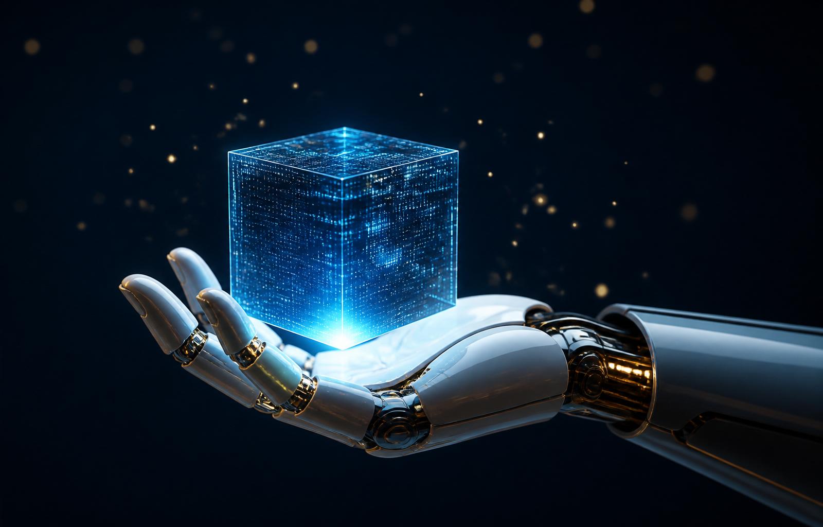 Robotic hand holding a luminous digital cube